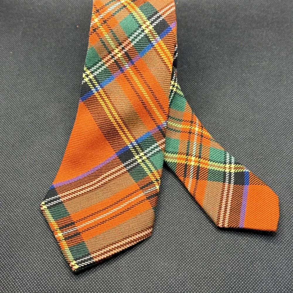 Vintage 1960s The Amanas Orange Tartan Plaid Wool Tie 3